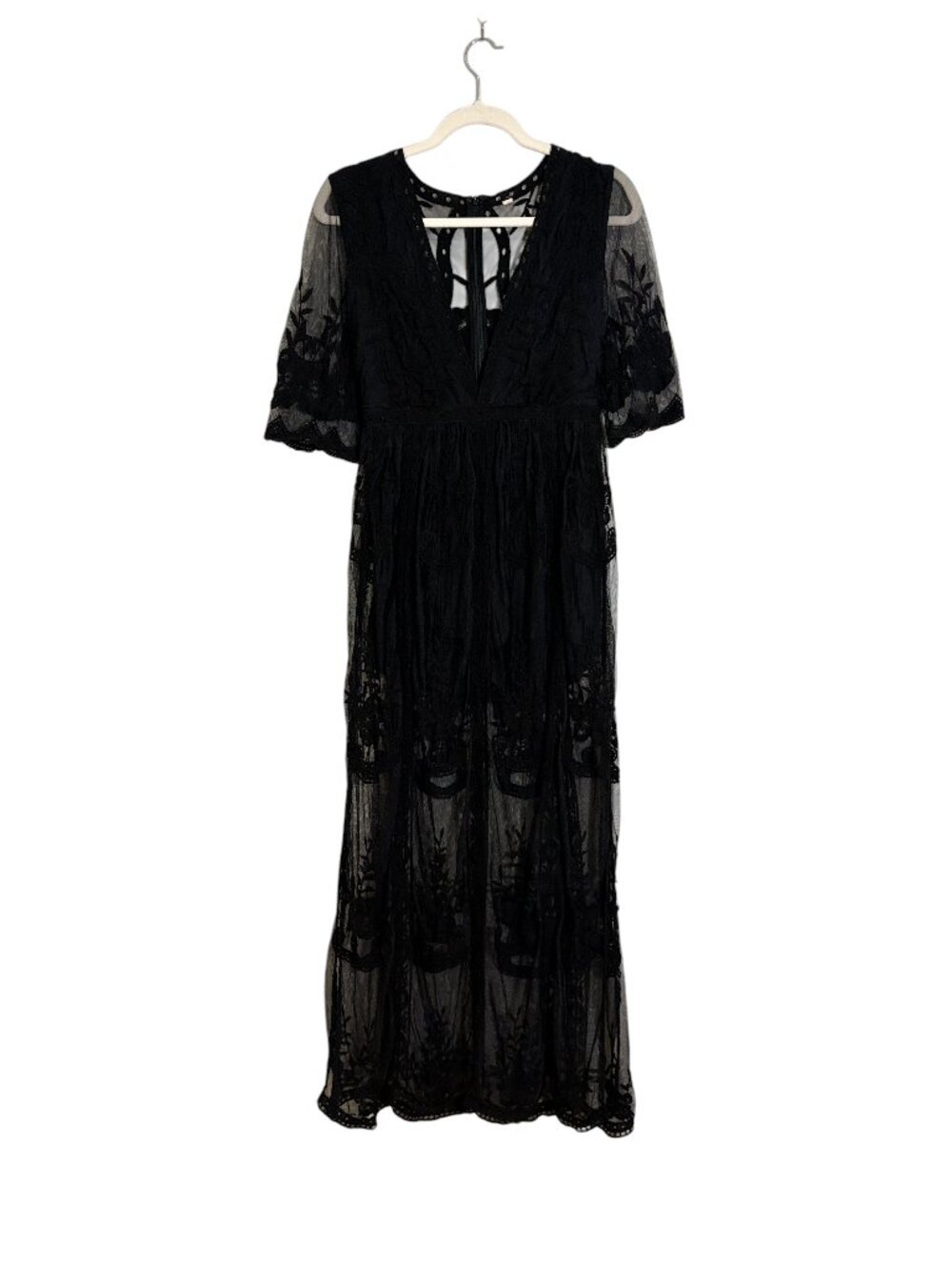 Free People Festival Black Lace Maxi Romper Dress Plunge Neckline - Size S